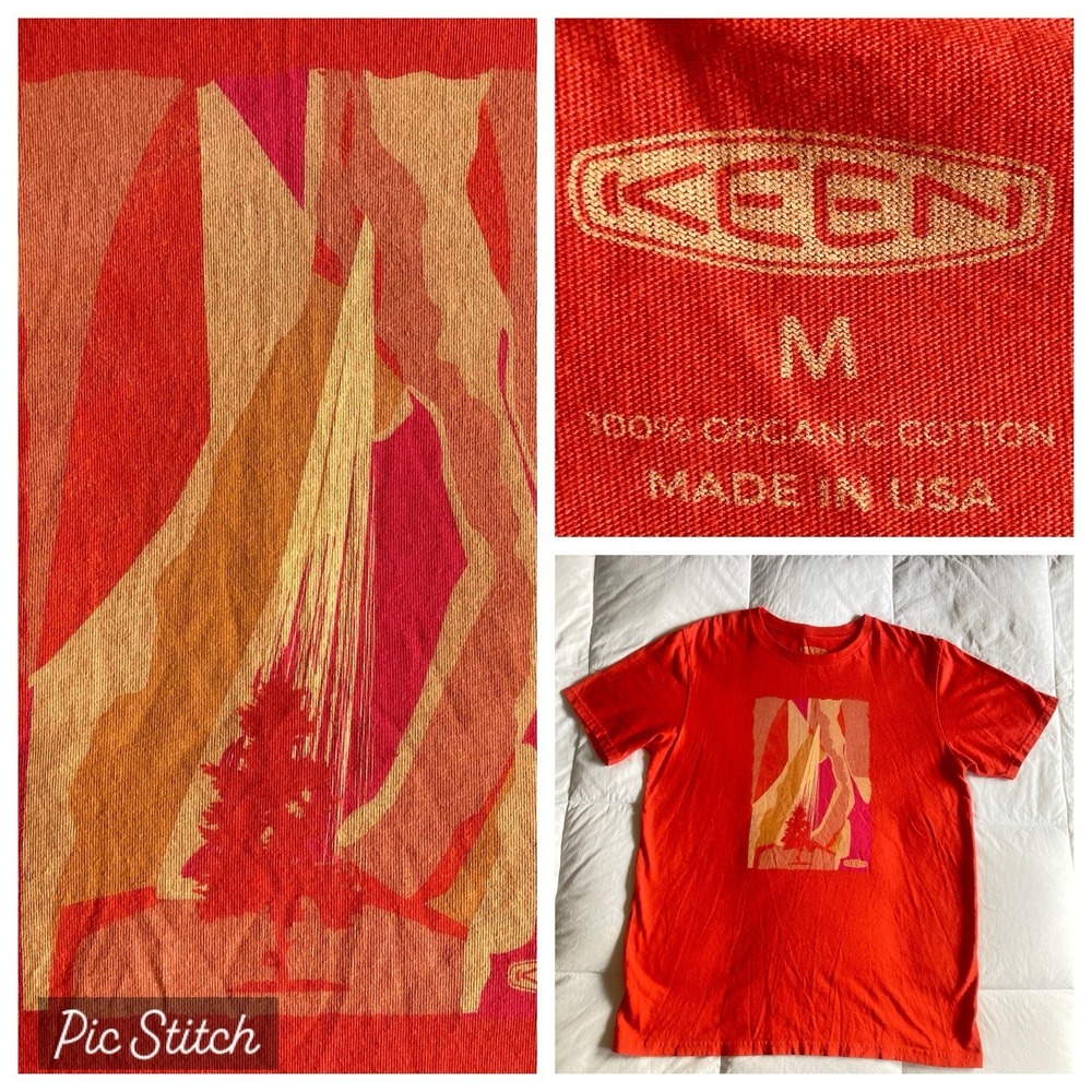 Keen 100% Organic Cotton Graphic TShirt Tee Mens M Orange Outdoor GORP Mountain